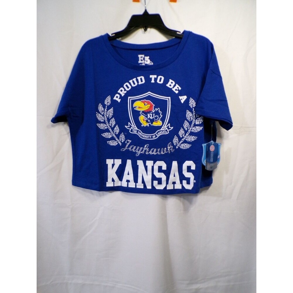 E5 College Classics Kansas Jayhawks Women's Cropped T-Shirt Medium Blue